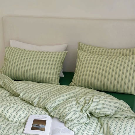 pillowcase-03008　cream×green クラスターストライプ 枕カバー 2枚セット