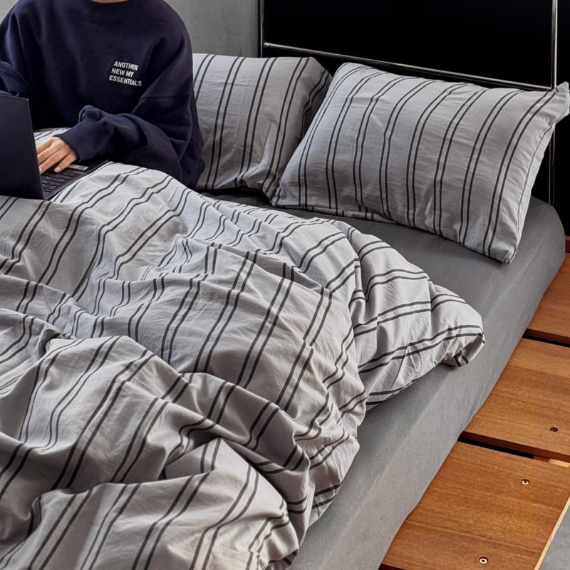 beddingsets-03086 gray×charcoal ダブルストライプ 布団カバーセ