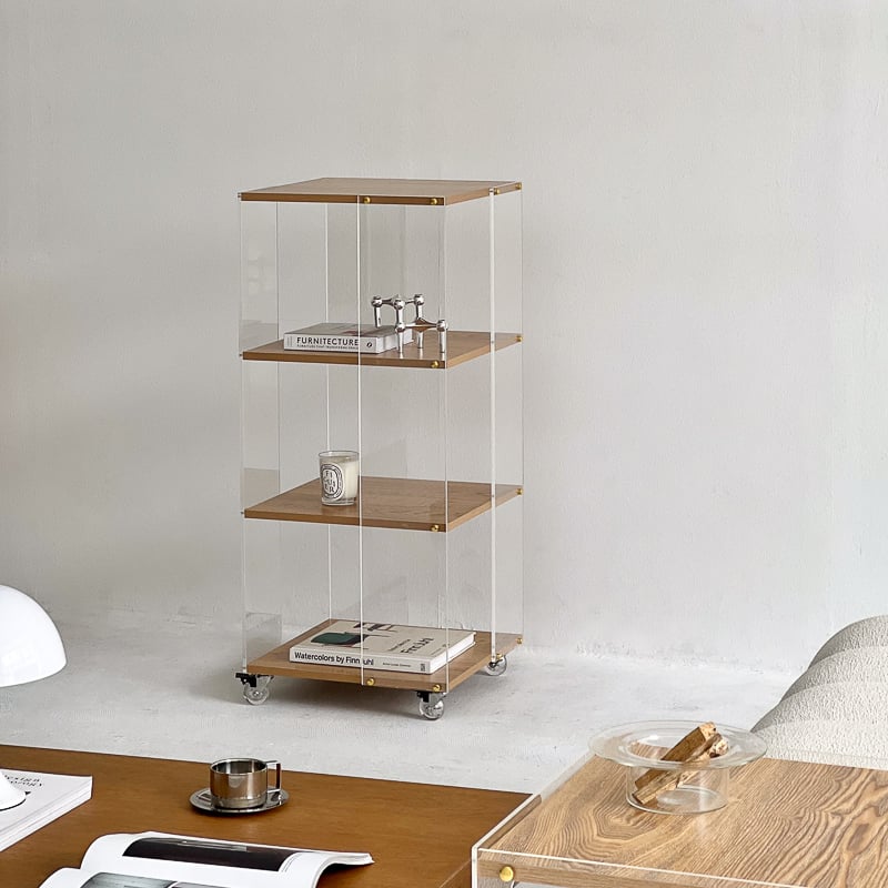 rack-03043 キャスター付き クリア×ウッド 4段 ディスプレイラック