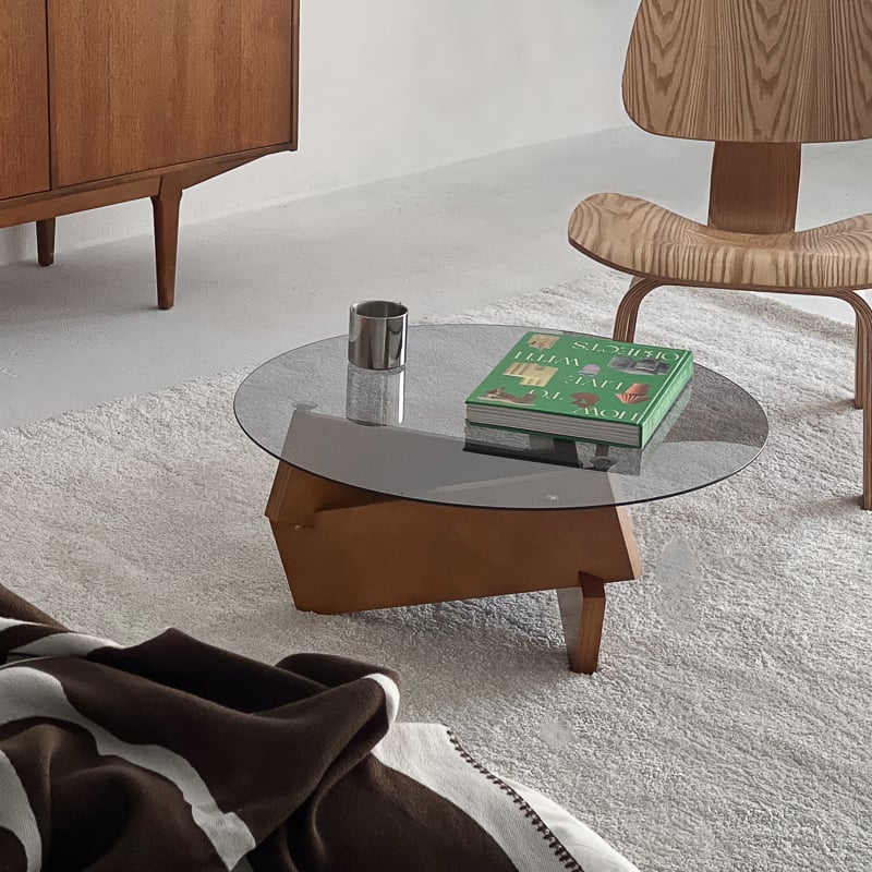table-03176 ウッドベース ラウンドガラス コーヒーテーブル 70cm