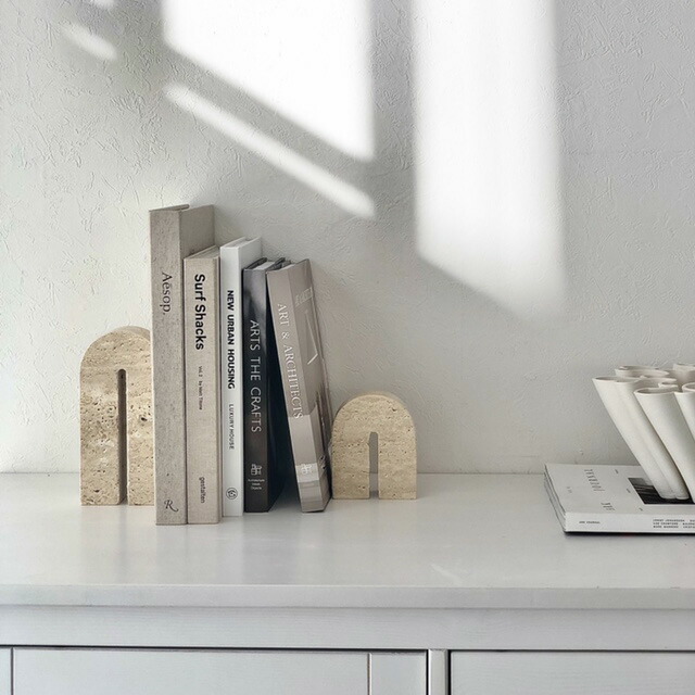bookend-03012 天然大理石 トラバーチン Arch ブックエンド 1点