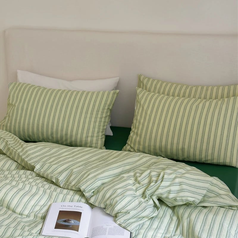 beddingsets-03021 cream×green クラスターストライプ 布団カバーセ
