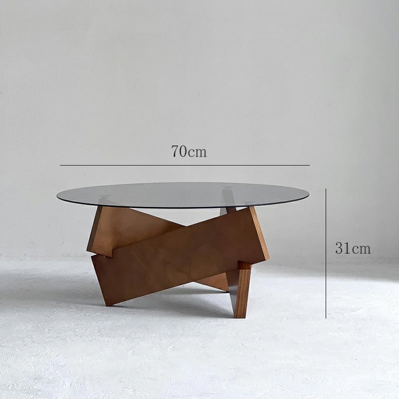 table-03176 ウッドベース ラウンドガラス コーヒーテーブル 70cm