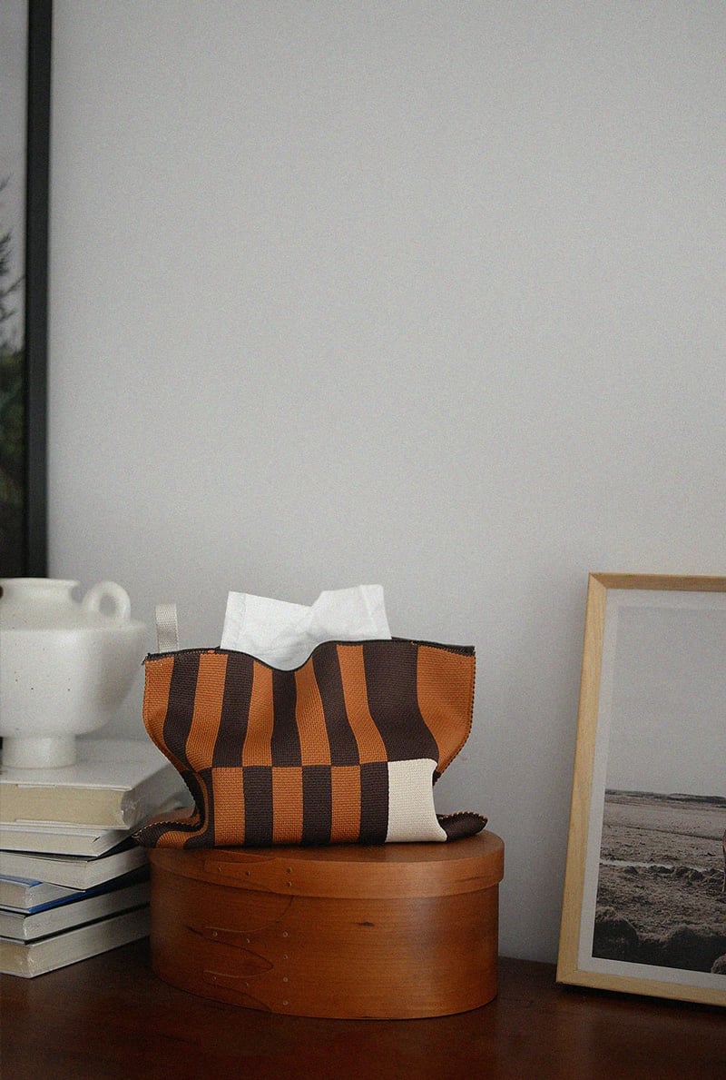 tissuebox-03082 ブロックストライプ ブラウン ニットティッシュケース