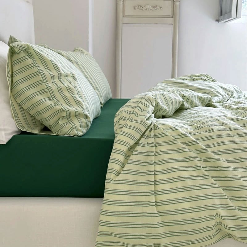 sheet-03008 cream×green クラスターストライプ 掛け布団カバー