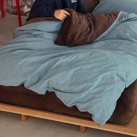 beddingsets-03132　light blue×brown あたたか ファイバー厚手 起毛 ペンシルストライプ 布団カバーセット