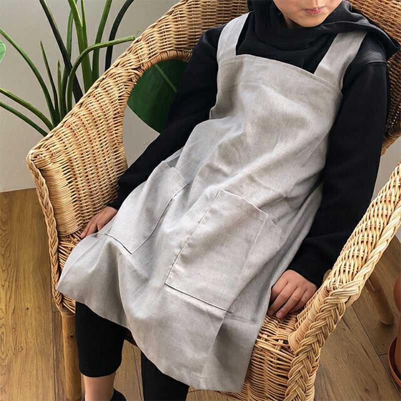 kitchen-03009 リネン混 バッククロス 子供用エプロン グレージュ