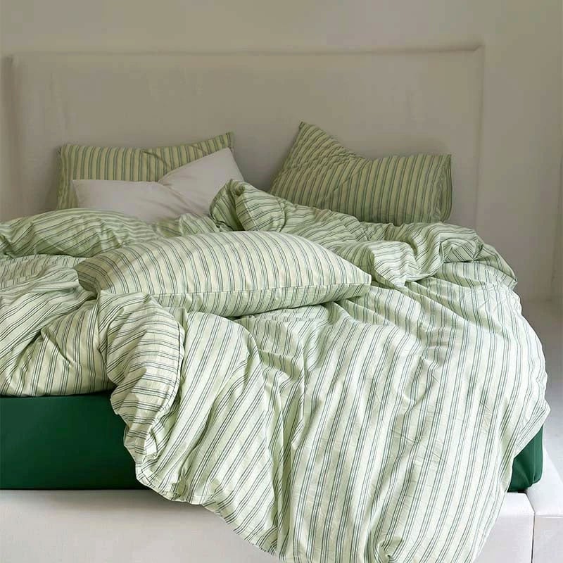 sheet-03008 cream×green クラスターストライプ 掛け布団カバー