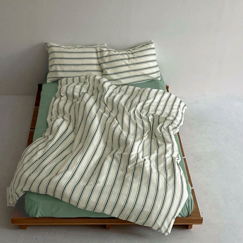 beddingsets-03003 cream×green シックシンストライプ 布団カバーセ