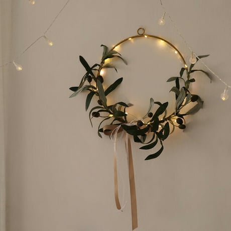 wall-03047　オリーブ リース クリスマス LED電球付き