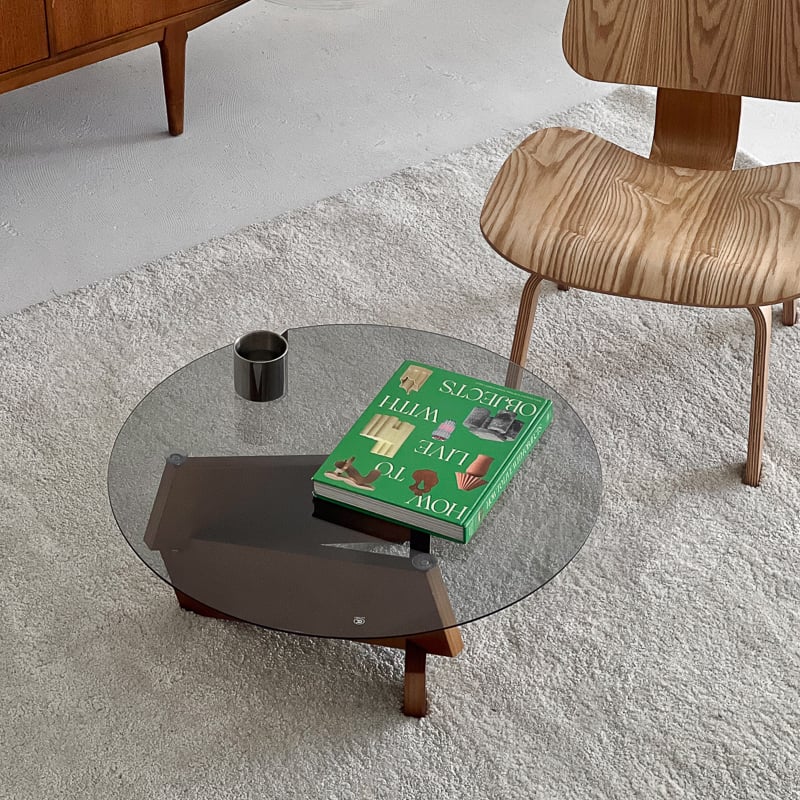 table-03176 ウッドベース ラウンドガラス コーヒーテーブル 70cm