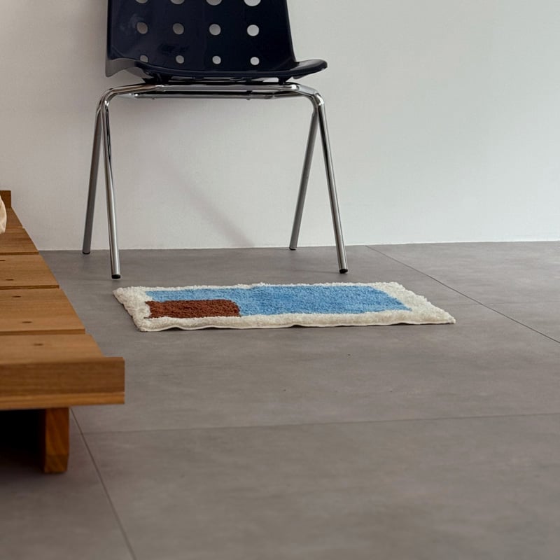 宛らアート！エイジング・ラグ紺碧クリ済み手織　オーガニックコットンとウール mat-03100 ブルー×ブラウン スクエアアート ラグ 40cm×60cm | ART O