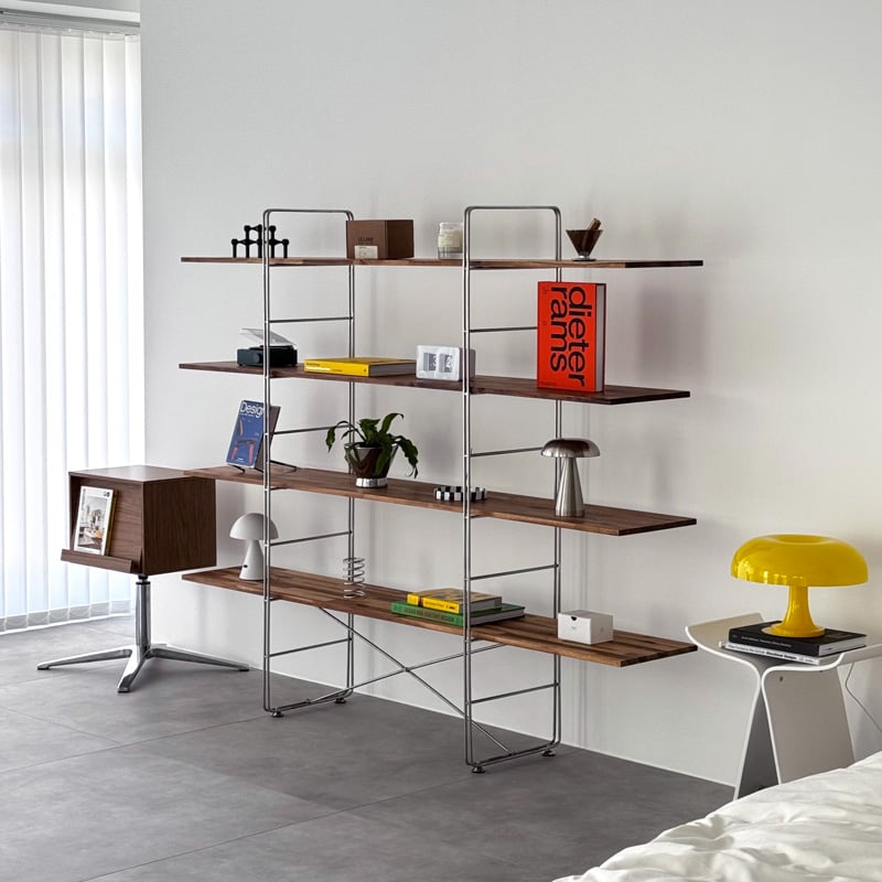 ダークブラウン木製シェルフ 4段 6引き出し rack-03089 天然木 ダークブラウン ステンレスフレーム 4段