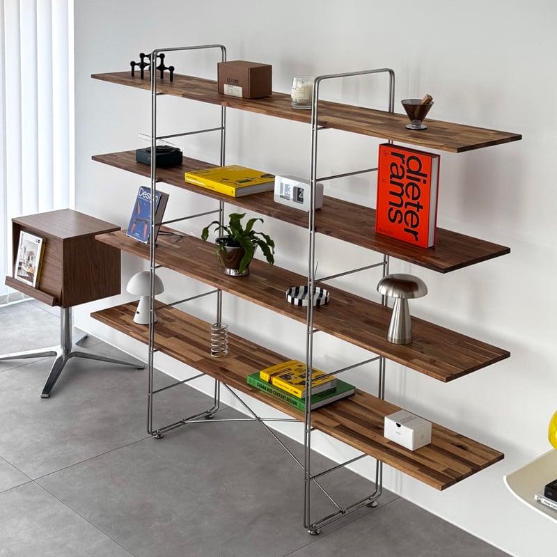 美品 ダークブラウン 木製オープンシェルフ rack-03089 天然木 ダークブラウン ステンレスフレーム 4段