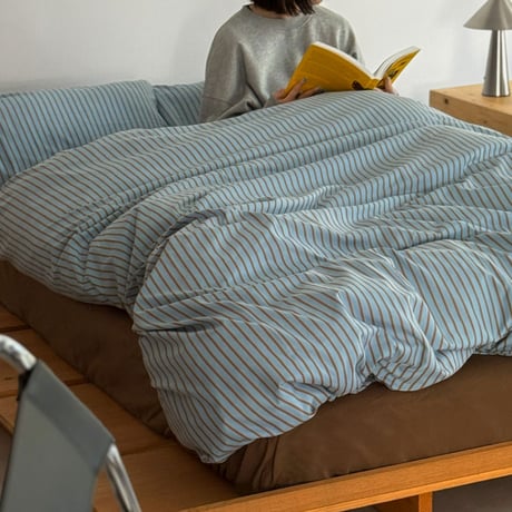 beddingsets-03139　light blue×brown ストライプ 布団カバーセット