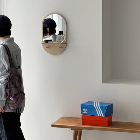 mirror-03174　シェルフ＆フック付き アーチ ウォールミラー