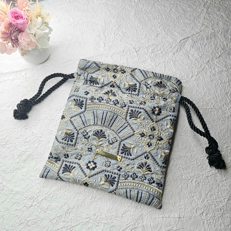 巾着ポーチ インド刺繍生地 ブルー | Lilili