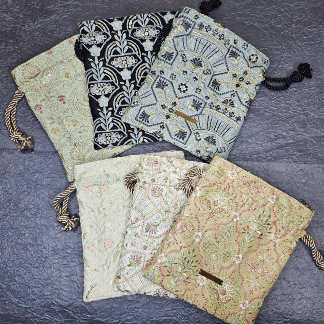 インド刺繍生地　ポーチ 巾着ポーチ インド刺繍生地 ブルー | Lilili