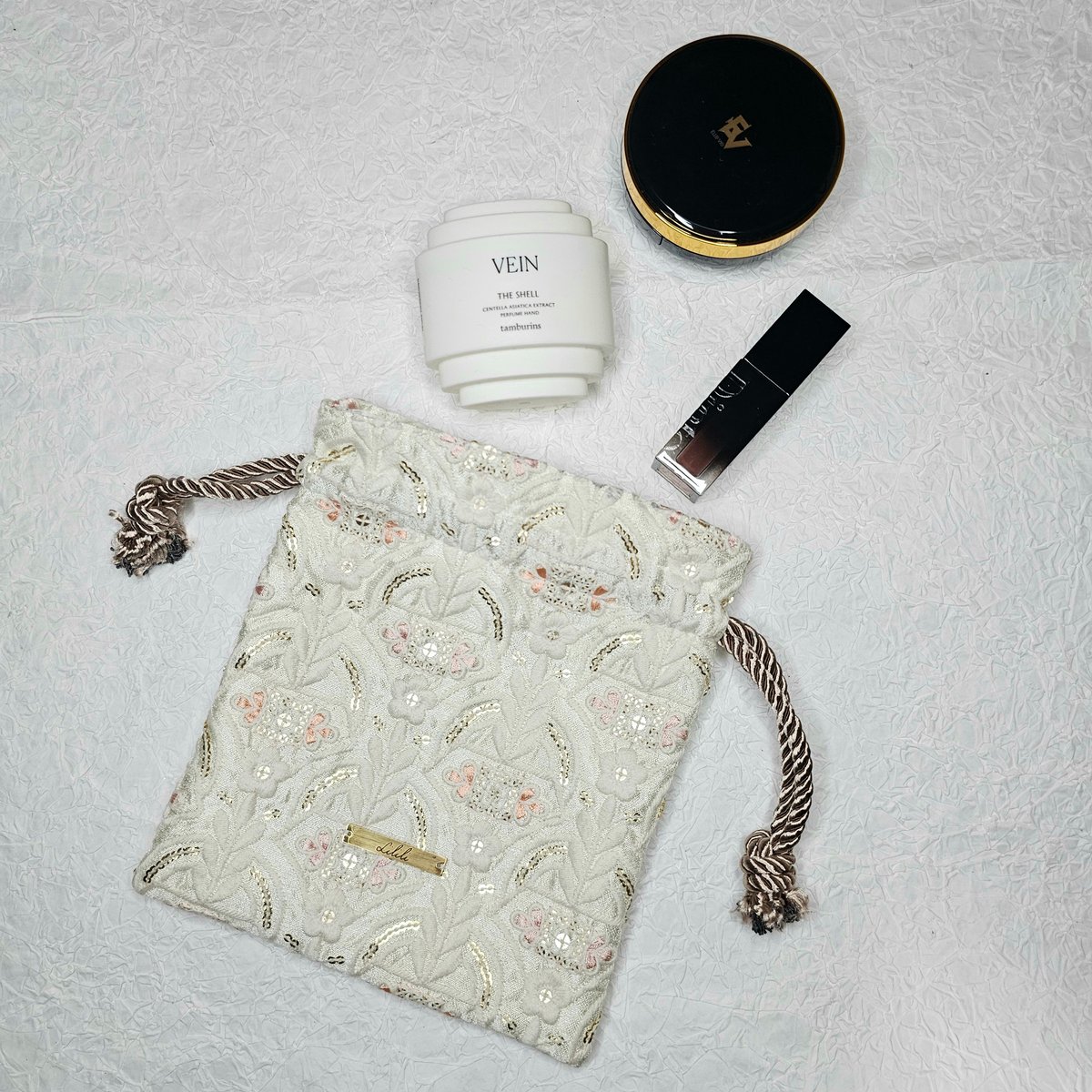 巾着ポーチ インド刺繍生地 白 | Lilili