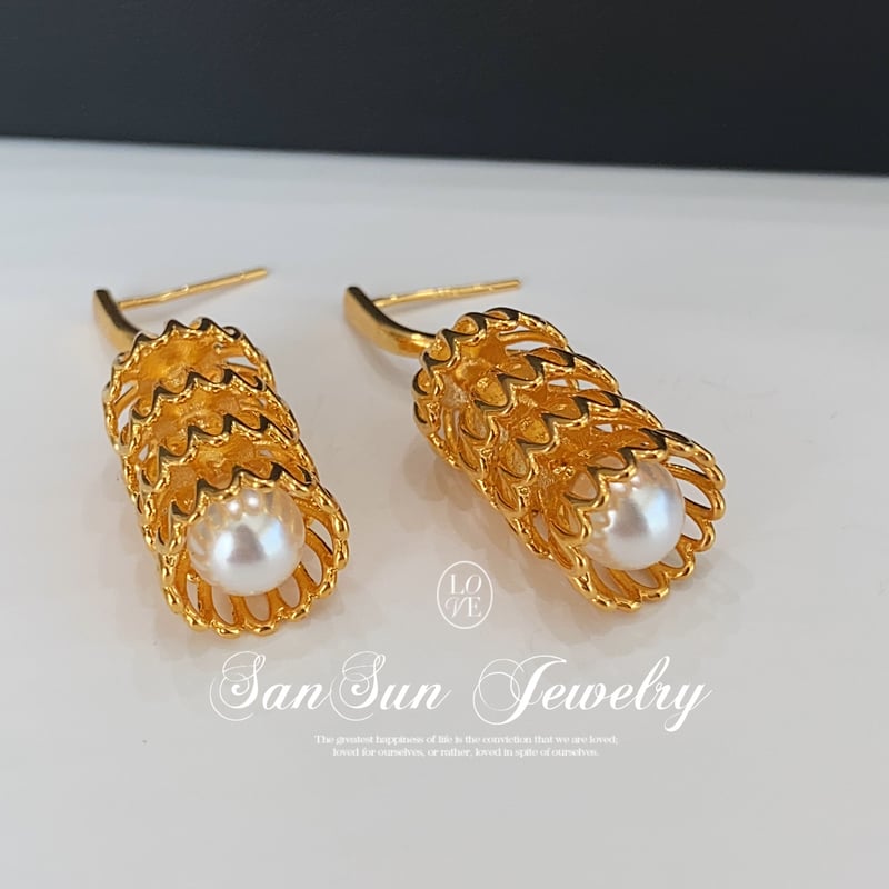 H654 揺れる鳥籠 パールピアス 18KGP | SanSun Jewelry