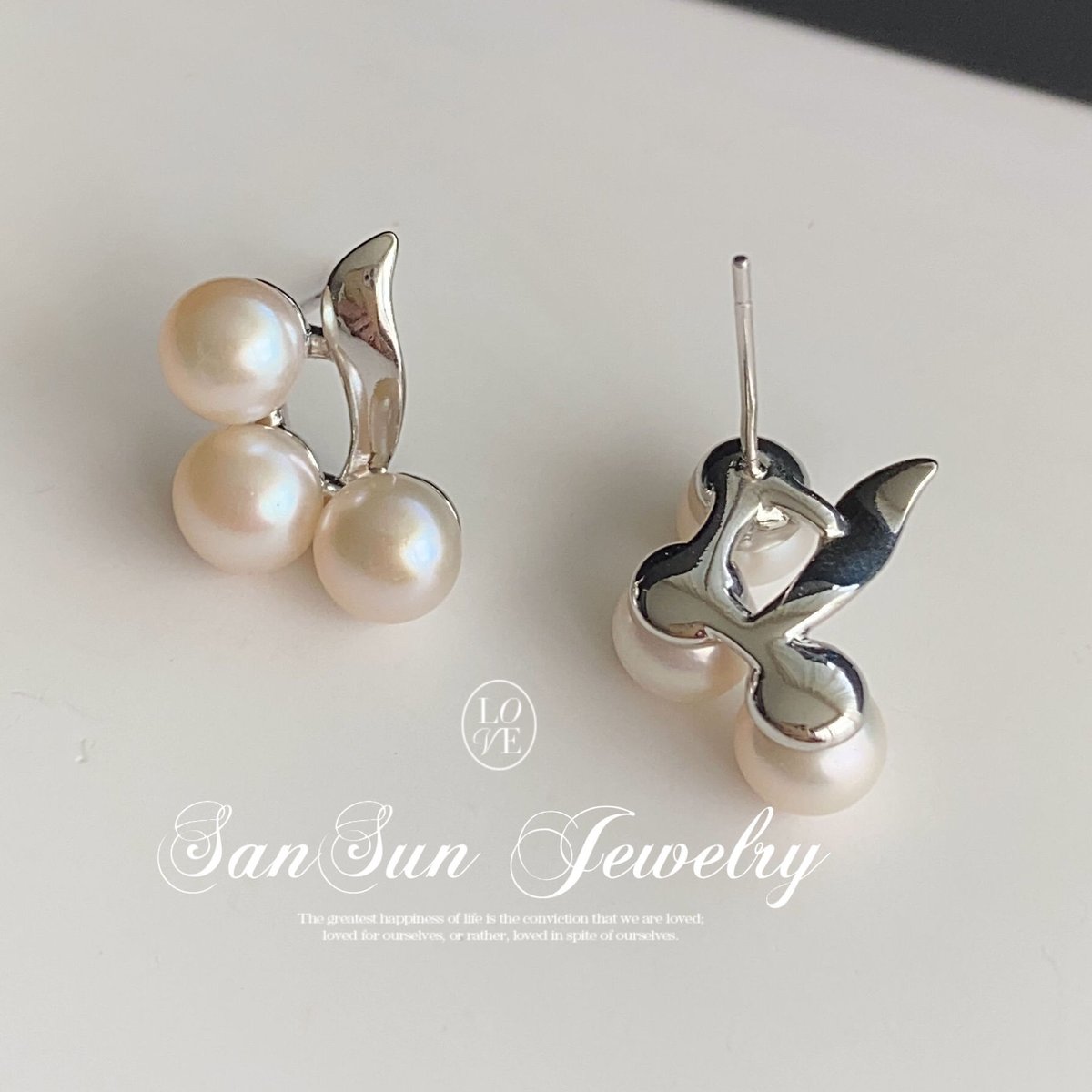 SS715 三連天然淡水パール ラインピアス | SanSun Jewelry