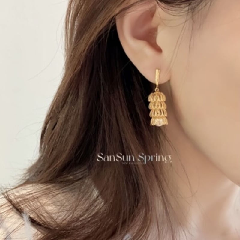 H654 揺れる鳥籠 パールピアス 18KGP | SanSun Jewelry