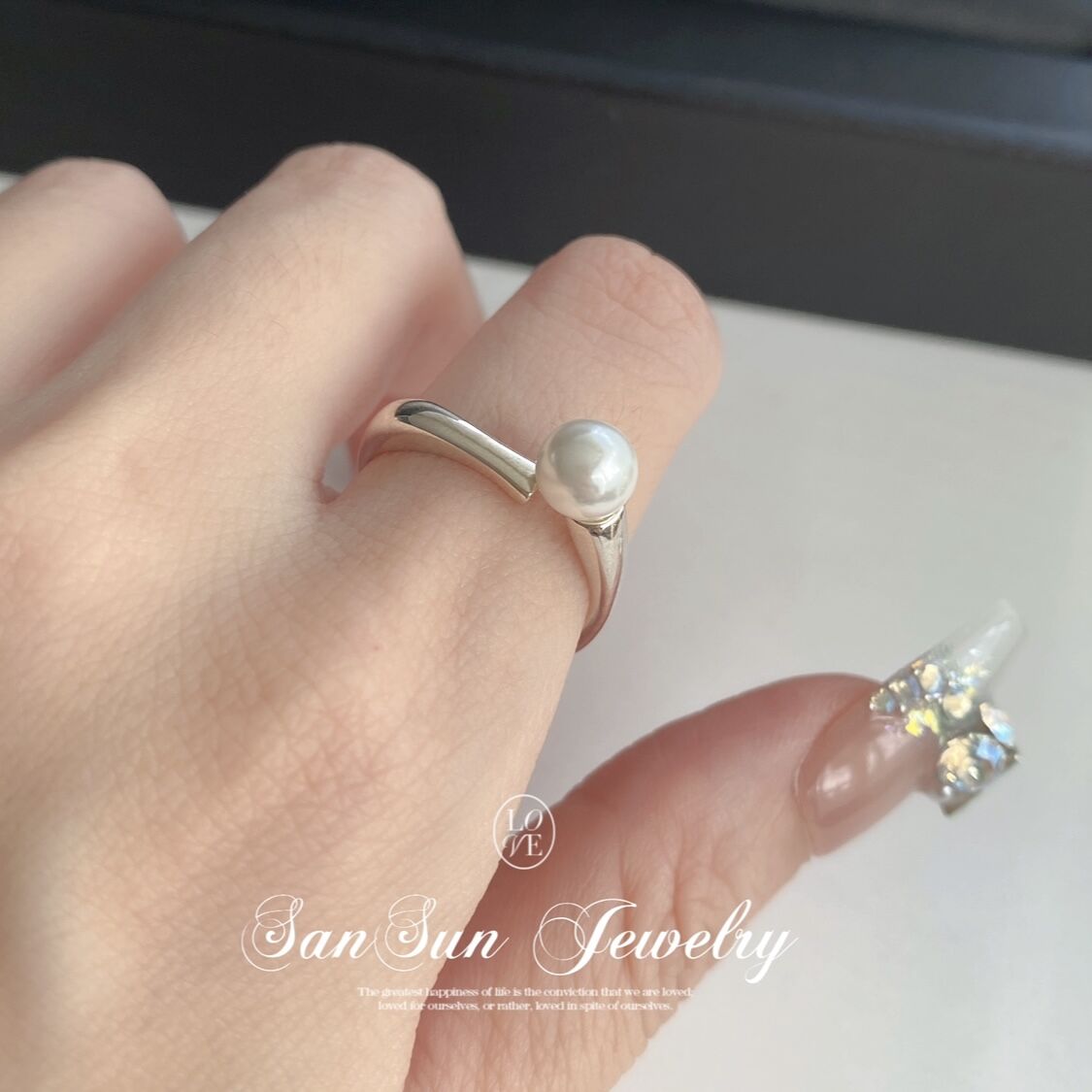 SS713 純銀製オープンリング スワロフスキーパール | SanSun Jewelry