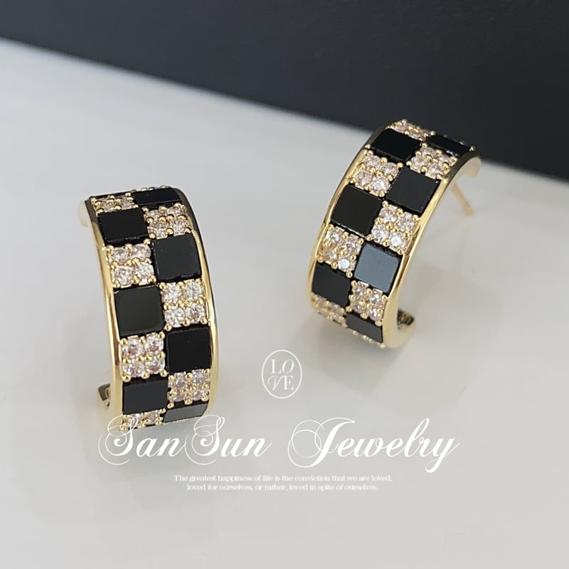 SS385 黒チェック柄 ハーフフープピアス | SanSun Jewelry