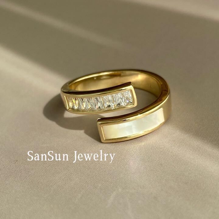 SS169 天然シェル×CZダイヤオープンリング | SanSun Jewelry