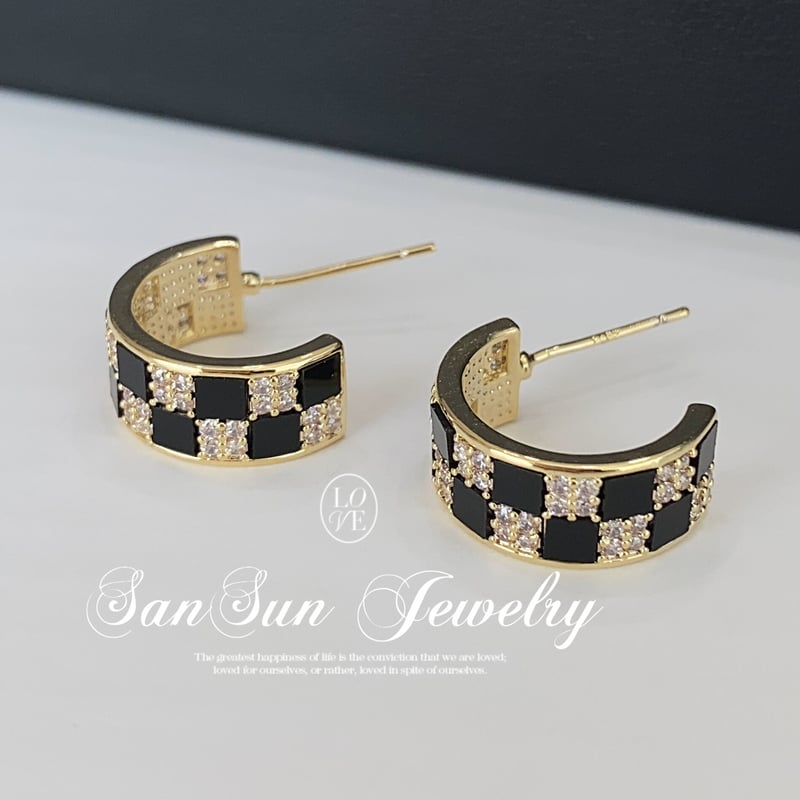 SS385 黒チェック柄 ハーフフープピアス | SanSun Jewelry