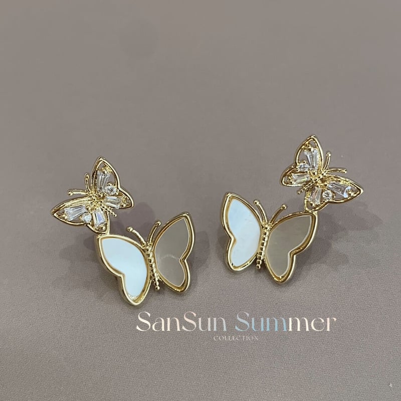 SS694 天然シェル ダブル蝶々🦋ピアス | SanSun Jewelry
