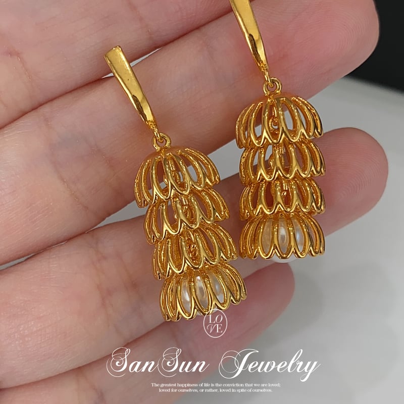 H654 揺れる鳥籠 パールピアス 18KGP | SanSun Jewelry