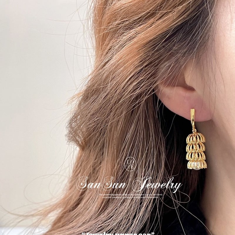マルモ◆ケシパール フープピアス✧花籠 H654 揺れる鳥籠 パールピアス 18KGP | SanSun Jewelry