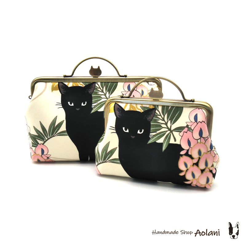 全3色♪ 猫づくし！ 黒猫と藤の花 ☆ がま口ネコ型押し口 ポーチ