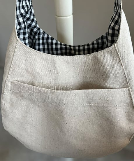 ◆手作りバッグ◆ふぃぐバッグ/まんまるのミニショルダーバッグ【リネンデニム・ギンガムチェック】