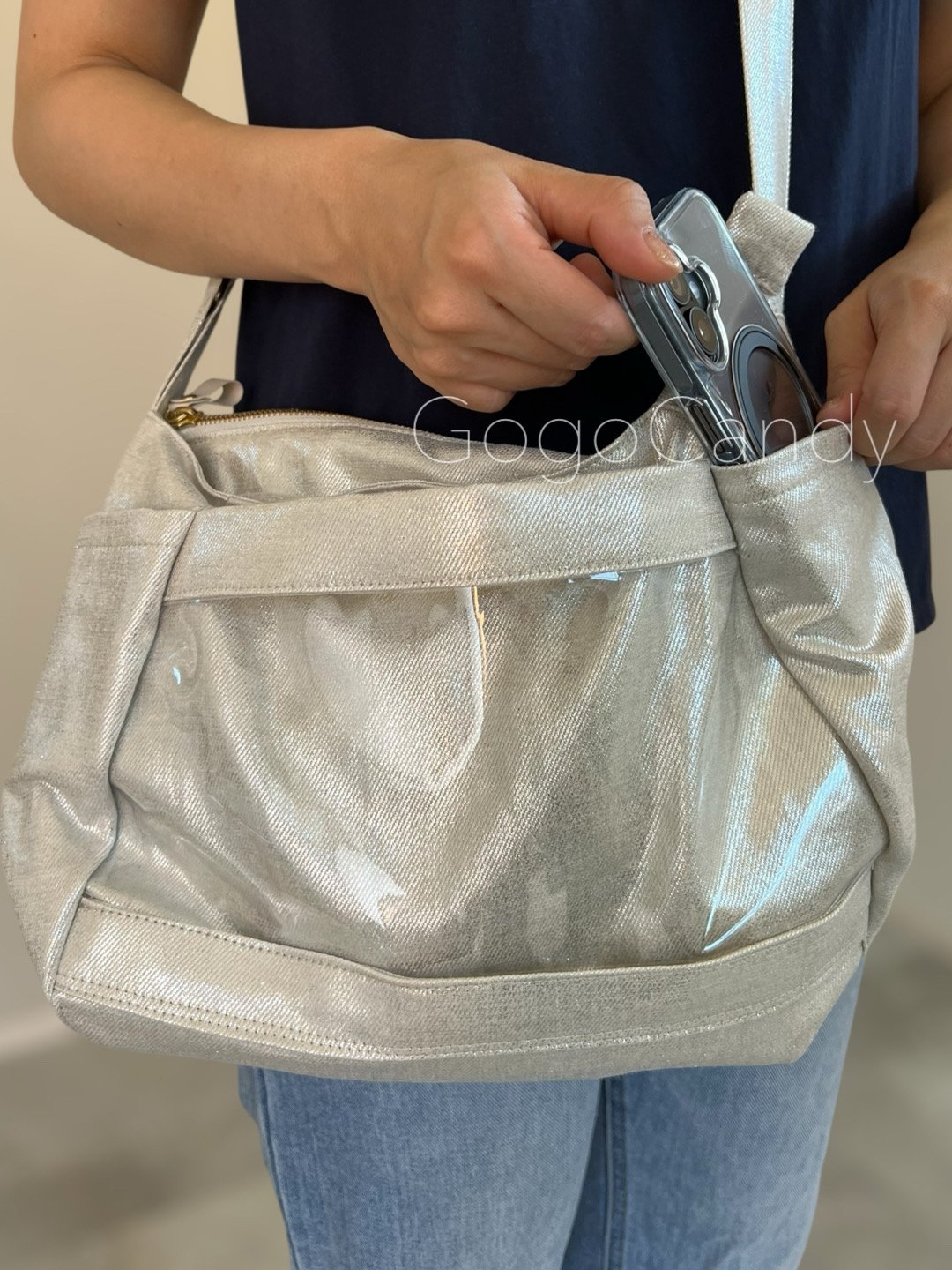 GogoCandyデニッシュバッグ【シルバーメタリック】ちょいみえポケット付き ◇手作りバッグ◇デニッシュバッグ【シルバーメタリック】ちょいみえ