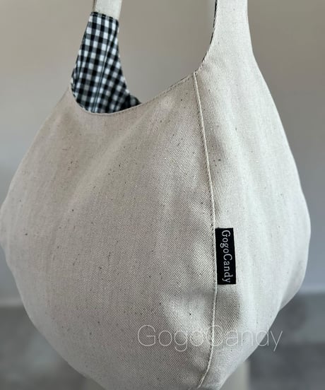 ◆手作りバッグ◆ふぃぐバッグ/まんまるのミニショルダーバッグ【リネンデニム・ギンガムチェック】