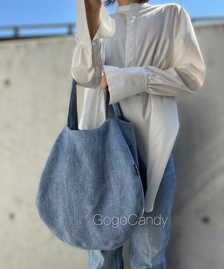 ◆手作りバッグ◆すもmoバッグ［Ｌ］まんまるトートバッグ【スモークブルー】