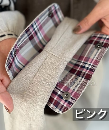◆手作りバッグ◆クタッとバッグ［Short］【リネン×チェック】ハンドルカバー付き