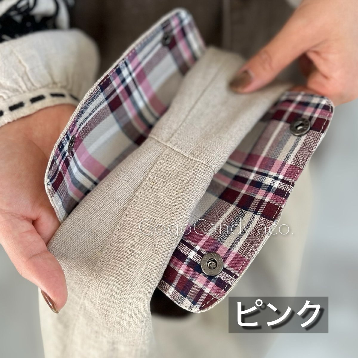 ◇手作りバッグ◇クタッとバッグ［Short］【リネン×チェック】ハンドル