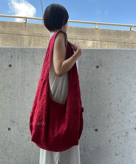 ◆手作りバッグ◆クタッとバッグ［Long］ふんわりショルダーバッグ【リーフステッチ】レッド