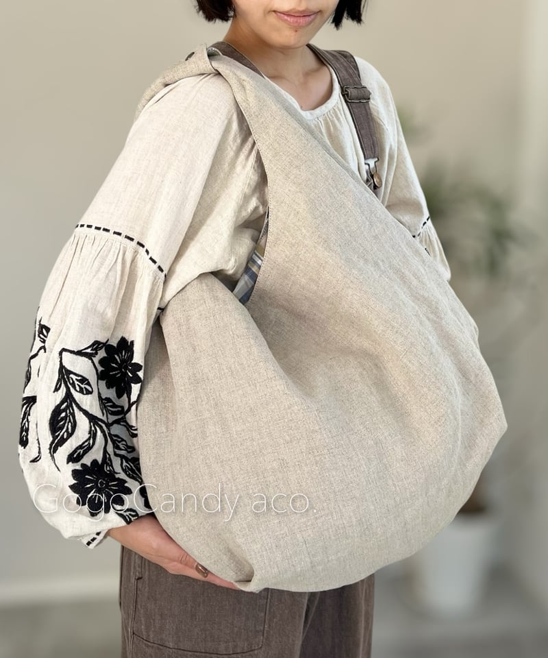 GogoCandy クタッとバッグ［Short］【リネン×ライムチェック】 ◇手作りバッグ◇クタッとバッグ［Short］【リネン×チェック