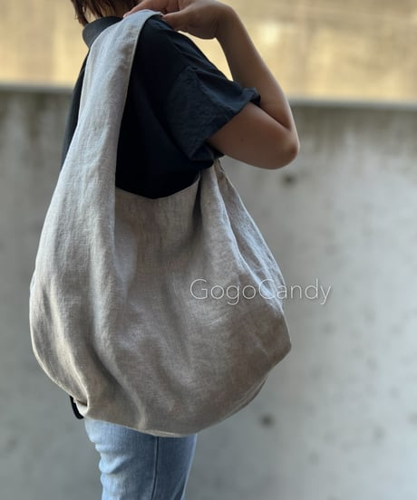 ◆手作りバッグ◆クタッとバッグ［Short］ふんわり肩掛けバッグ【シルバーラメリネン】