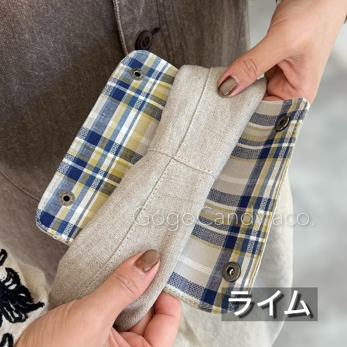 GogoCandy クタッとバッグ［Short］【リネン×ライムチェック】 ◇手作りバッグ◇クタッとバッグ［Short］【リネン×チェック】ハンドル
