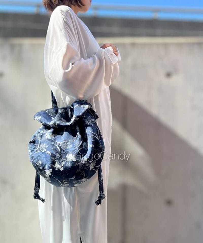 ハンドメイドflest tile blue皮使い巾着バッグ ハンドメイドflest tile blue皮使い巾着バッグ
