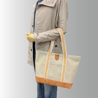 《キャンバス×レザー》トコ革トートバッグ：ライトベージュ（ハンドメイド／キャンバス／帆布／トコ革）