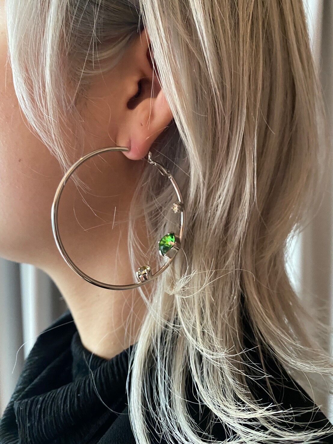 CLOVER Hoop Pierced Earrings ( Green / Silver )