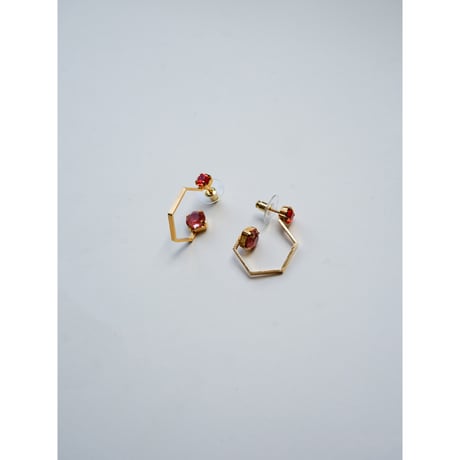 CREZUS Paris : HEXAGONAL Pierced Earrings ( Pink Orange / Gold )