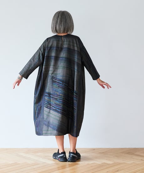 long sleeve dress / 大島紬（グレー地に鶴の柄）