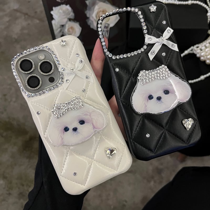 iphone16 ケース デコ リボン iphoneケース 犬 グリップ「カメラ保護